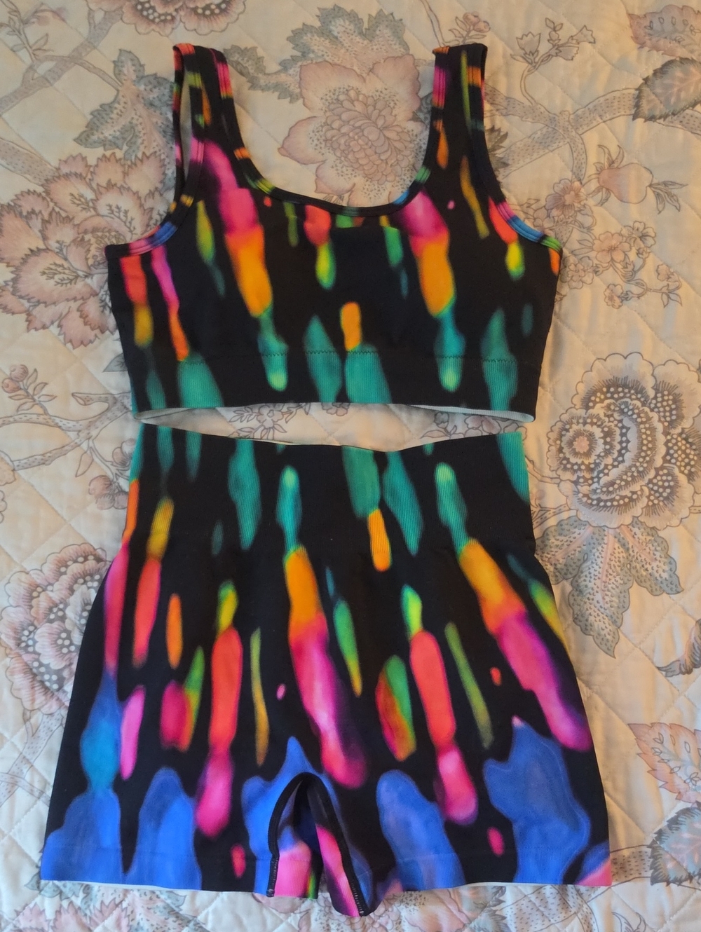 Ladies Workout  Black Neon Tie-Dye Two-Piece  Set Size S/m